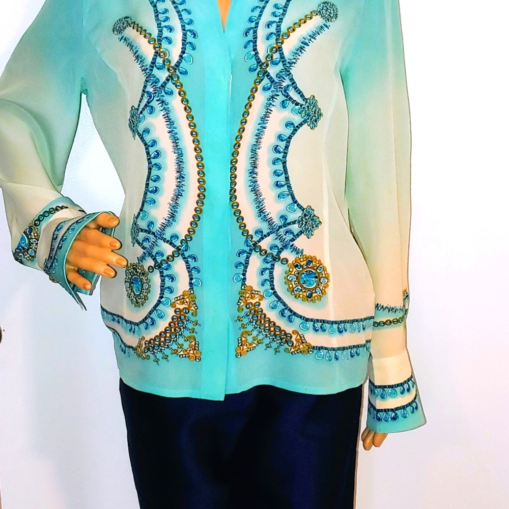 SOLD! ESCADA 36 6 SILK TEAL WHITE GOLD SCROLL SIGNATURE BUTTONS - Picture 2 of 10